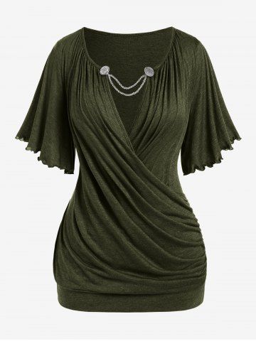 Plus Size Lettuce Ruched Chain Embellished Plunging Blouson Tee - DEEP GREEN - 1X | US 14-16