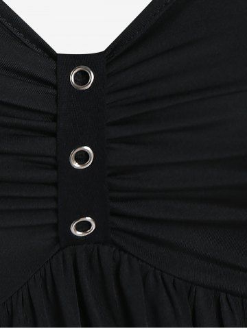 Plus Size Skull Fishnet Panel Ruched Crisscross O-Ring Buckle Dress