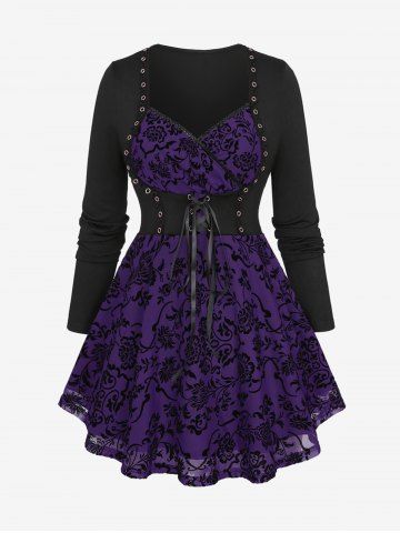 Plus Size Floral Mesh Flocking Lace Up Lace-trim Grommet 2 in 1 Long Sleeves Corset Top - CONCORD - L | US 12