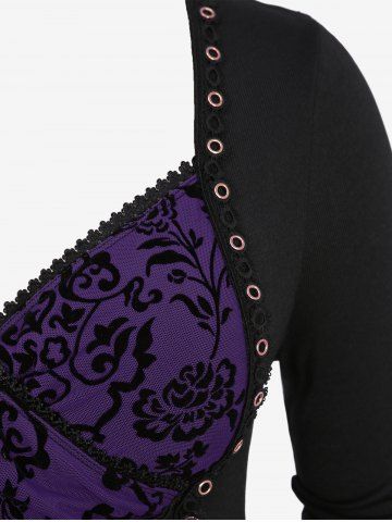 Plus Size Floral Mesh Flocking Lace Up Lace-trim Grommet 2 in 1 Long Sleeves Corset Top