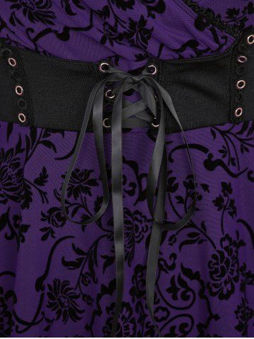 Plus Size Floral Mesh Flocking Lace Up Lace-trim Grommet 2 in 1 Long Sleeves Corset Top