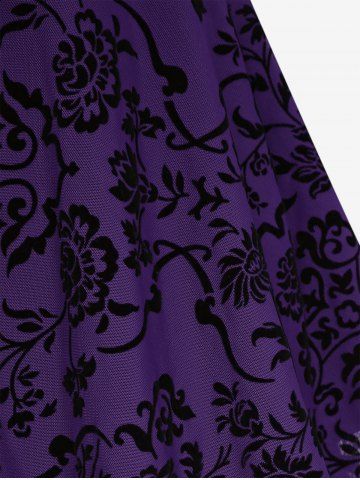 Plus Size Floral Mesh Flocking Lace Up Lace-trim Grommet 2 in 1 Long Sleeves Corset Top