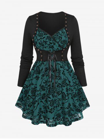 Plus Size Floral Mesh Flocking Lace Up Lace-trim Grommet 2 in 1 Long Sleeves Corset Top - DEEP GREEN - L | US 12