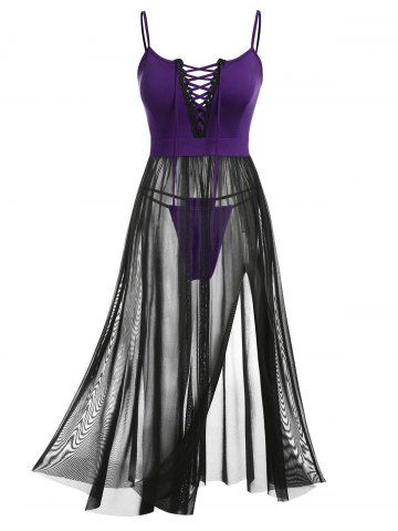 Plus Size Mesh Sheer See Through Lace Up Split Lingerie Set - CONCORD - 4X | US 26-28
