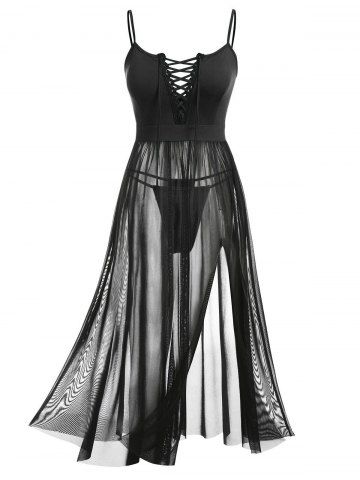 Plus Size Mesh Sheer See Through Lace Up Split Lingerie Set - BLACK - 1X | US 14-16