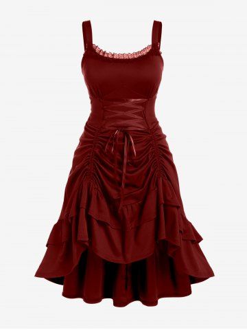 Plus Size Lace-trim Lace-up Layered Ruffled Cinched Ruched Sleeveless Midi Dress - DEEP RED - L | US 12