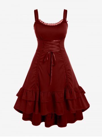 Plus Size Lace-trim Lace-up Layered Ruffled Cinched Ruched Sleeveless Midi Dress