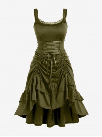 Plus Size Lace-trim Lace-up Layered Ruffled Cinched Ruched Sleeveless Midi Dress - LIGHT GREEN - L | US 12