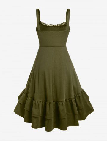 Plus Size Lace-trim Lace-up Layered Ruffled Cinched Ruched Sleeveless Midi Dress