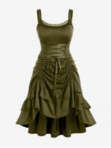 Plus Size Lace-trim Lace-up Layered Ruffled Cinched Ruched Sleeveless Midi Dress - LIGHT GREEN - 5X | US 30-32