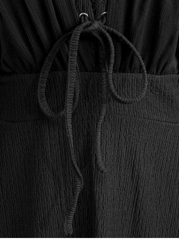 Plus Size Ruched Lace Up Mesh Bell Sleeves Textured Split Dress