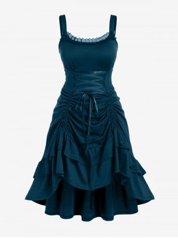 Plus Size Lace-trim Lace-up Layered Ruffled Cinched Ruched Sleeveless Midi Dress - MIDNIGHT BLUE - L | US 12