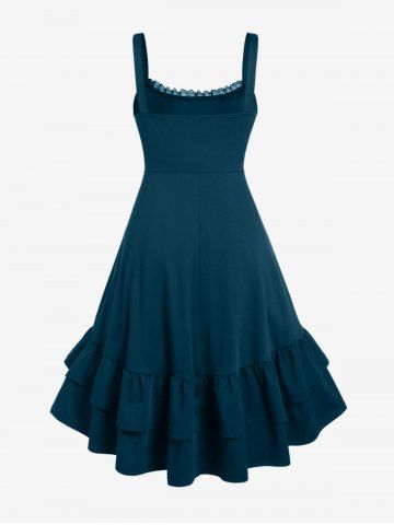 Plus Size Lace-trim Lace-up Layered Ruffled Cinched Ruched Sleeveless Midi Dress