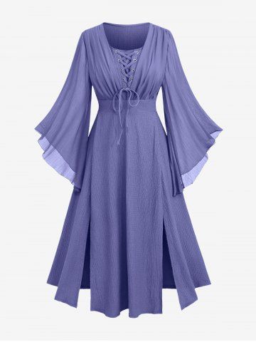 Plus Size Ruched Lace Up Mesh Bell Sleeves Textured Split Dress - PURPLE - L | US 12