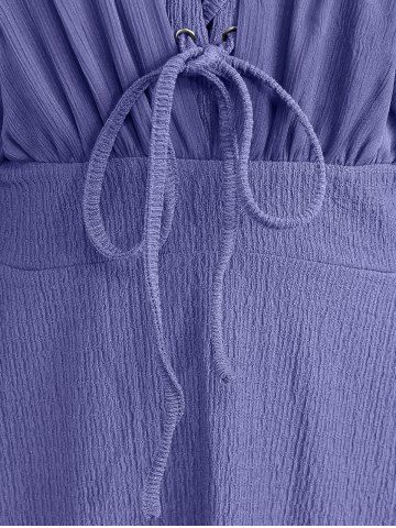 Plus Size Ruched Lace Up Mesh Bell Sleeves Textured Split Dress