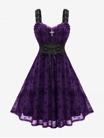 Gothic Plus Size Lace Up Ruffles Cross Tank Dress - CONCORD - M | US 10