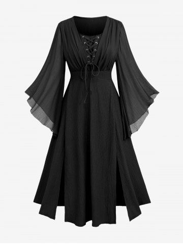 Plus Size Ruched Lace Up Mesh Bell Sleeves Textured Split Dress - BLACK - M | US 10