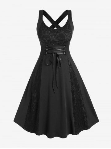 Robe midi évasée en dentelle gothique à motif tête de mort croisée - MULTI-F - L | US 12