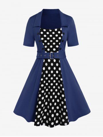 Plus Size Vintage Polka Dots High Rise A Line Dress with Buckles Belt - BLUE - 1X | US 14-16
