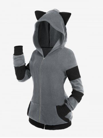 Plus Size Cat Ear Ribbed Colorblock Hooded Jacket - LIGHT GRAY - 3X | US 22-24