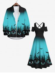 Costume D'Halloween en Couleur Ombrée Arbre et Chauve-souris Imprimés Grande Taille pour Couple - Multi-A 