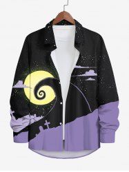 Plus Size Halloween Moon Cross Tomb Cloud Colorblock Print Buttons Long Sleeve Shirt For Men -  