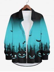 Plus Size Halloween Bat Pumpkin Tree Ombre Colorblock Print Buttons Long Sleeve Shirt For Men -  