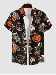 Plus Size Halloween Pumpkin Cat Skeleton Owl Ghost Print Buttons Pocket Shirt For Men -  