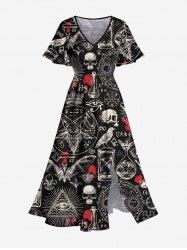 Robe Mi-Longue D'Halloween Crâne Chauve-souris et Mouton Imprimés de Grande Taille - Noir M