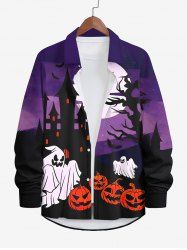 Plus Size Halloween Costume Ghost Pumpkin Moon Bat Print Buttons Long Sleeve Shirt For Men -  