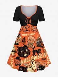 Plus Size Halloween Costume Pumpkin Skull Cat Ghost Letters Print Cinched Dress -  