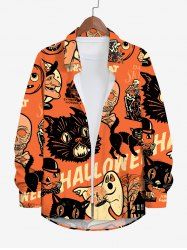 Chemise D'Halloween Chat Citrouille Fantôme Crâne Imprimés avec Boutons de Grande Taille à Manches Longues - Orange Foncé XL