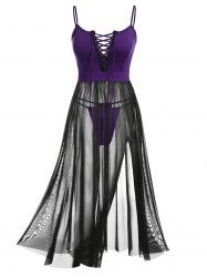 Plus Size Mesh Sheer See Through Lace Up Split Lingerie Set -  