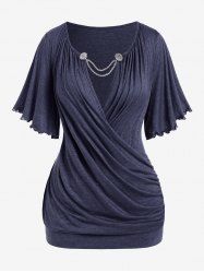 T-shirt Plongeant Embelli de Chaîne de Grande Taille à Ourlet en Laitue - Bleu profond 4X | US 26-28