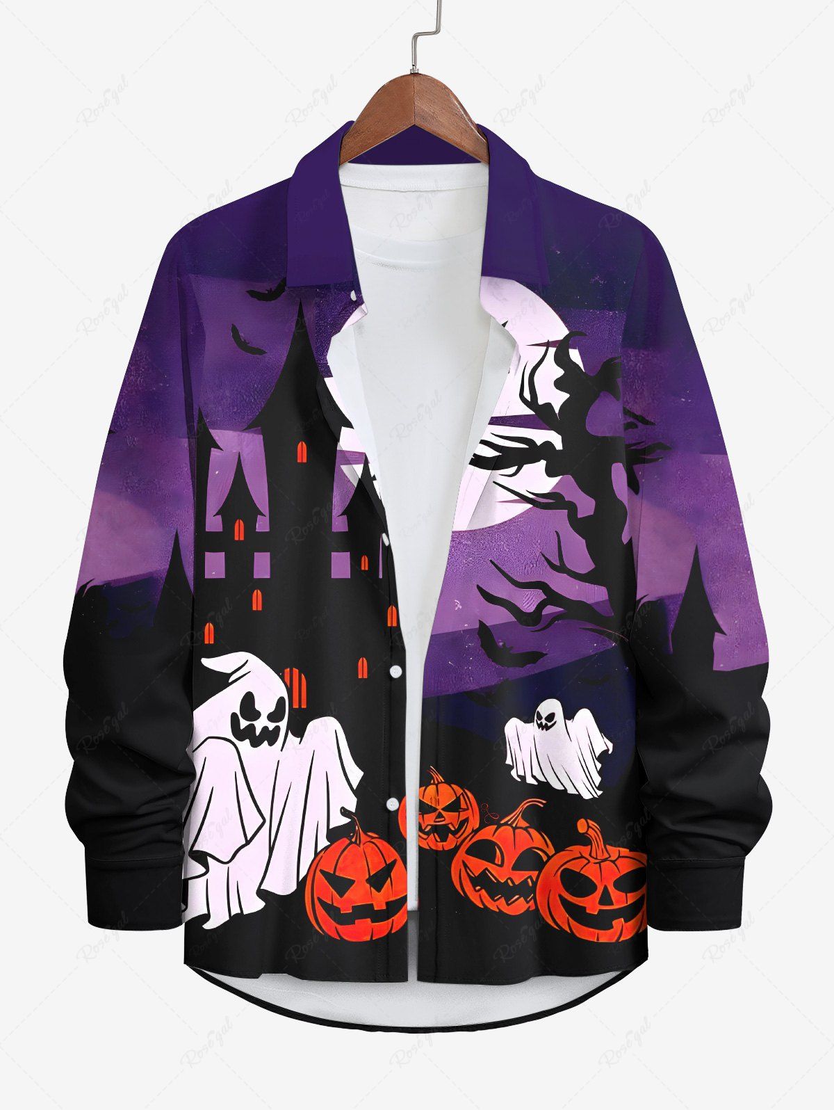 Affordable Plus Size Halloween Costume Ghost Pumpkin Moon Bat Print Buttons Long Sleeve Shirt For Men  