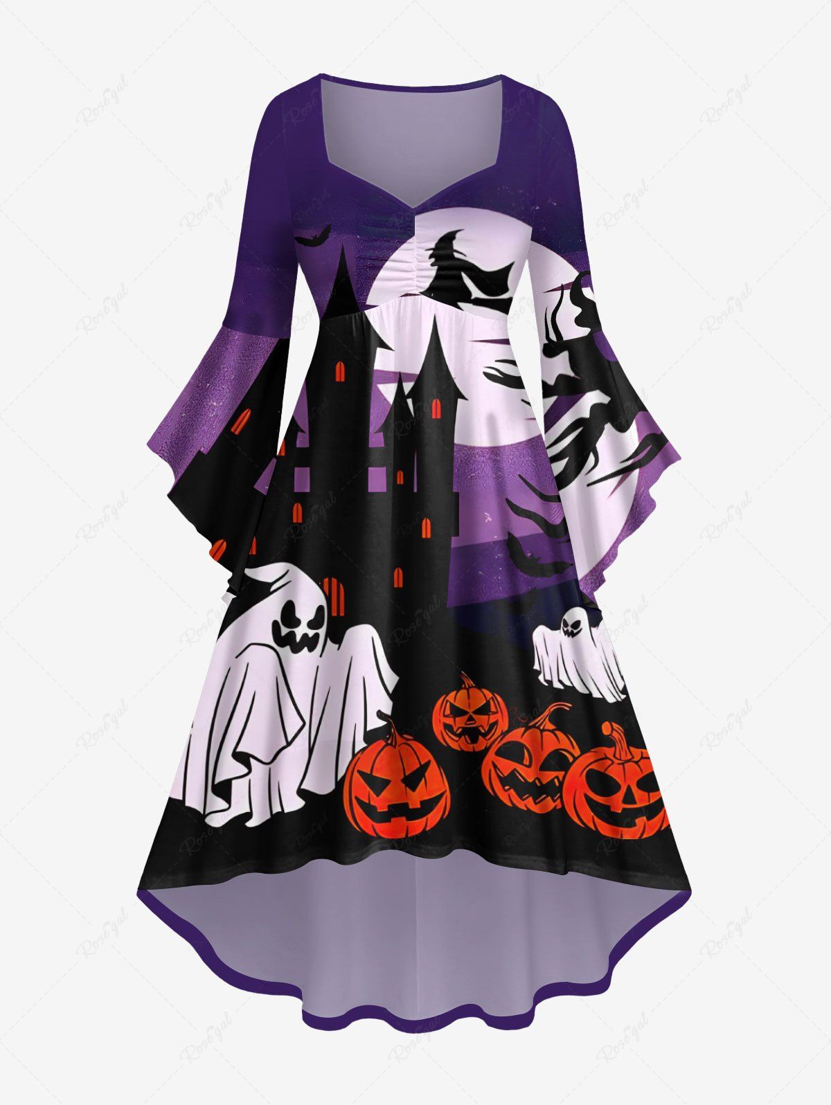 Robe D'Halloween Costume Chauve-souris Citrouille Fantôme Imprimés à Manches Evasées de Grande Taille Pourpre  3X