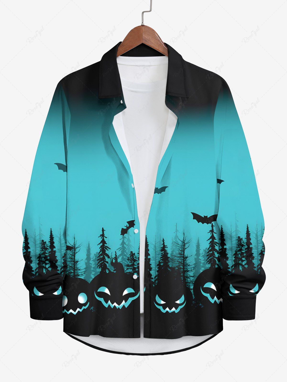 Best Plus Size Halloween Bat Pumpkin Tree Ombre Colorblock Print Buttons Long Sleeve Shirt For Men  