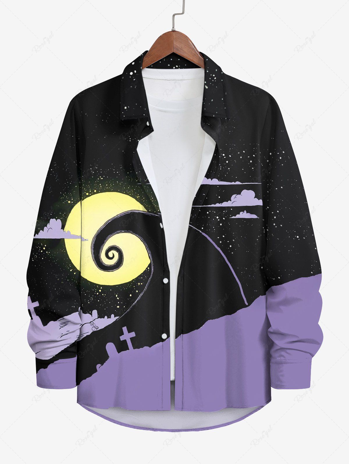 Fashion Plus Size Halloween Moon Cross Tomb Cloud Colorblock Print Buttons Long Sleeve Shirt For Men  