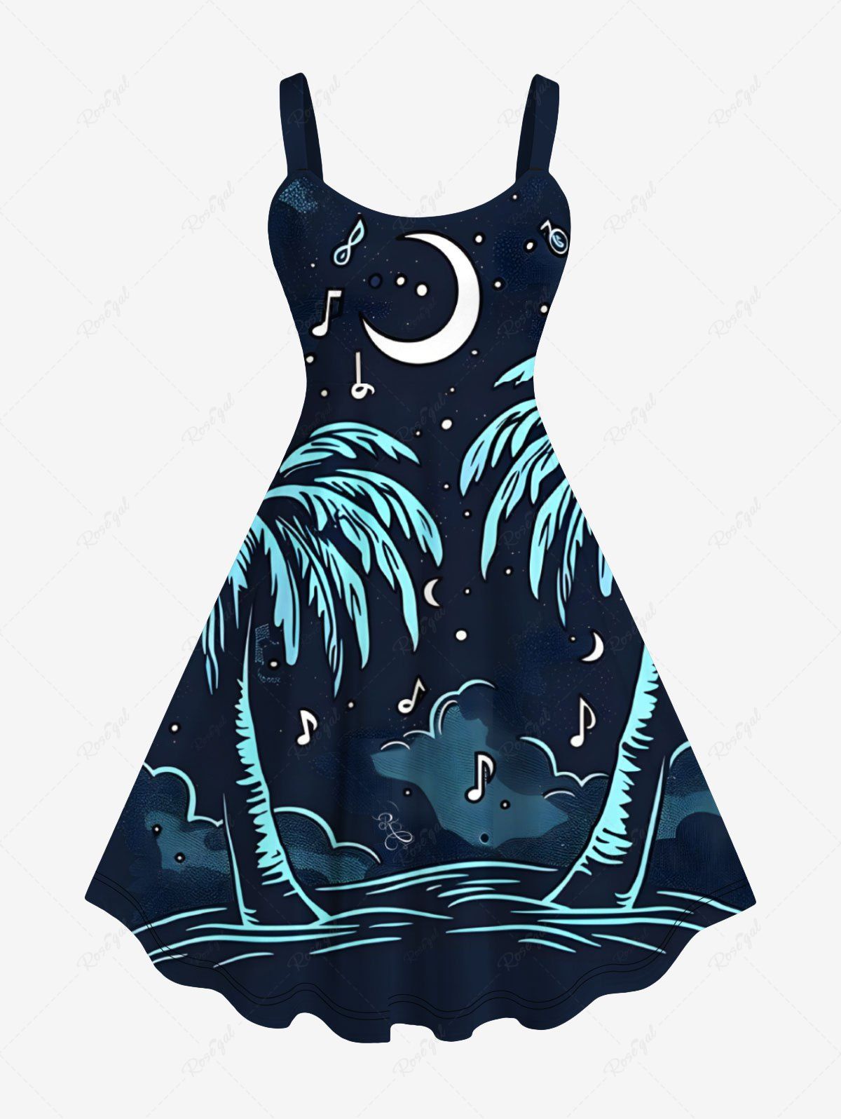 Buy Plus Size Coconut Tree Moon Star Music Notes Print Hawaii Tank Dress  