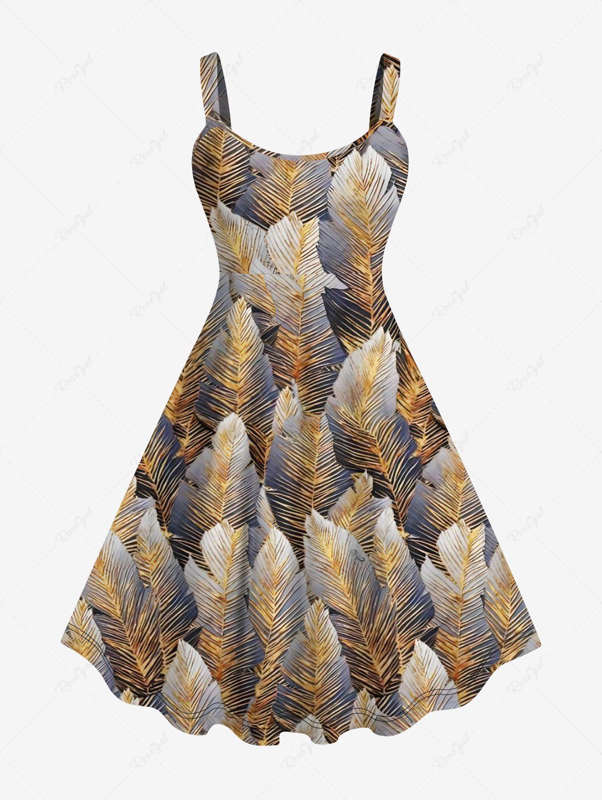 Fancy Plus Size Metallic Feather Print Hawaii Tank Dress  