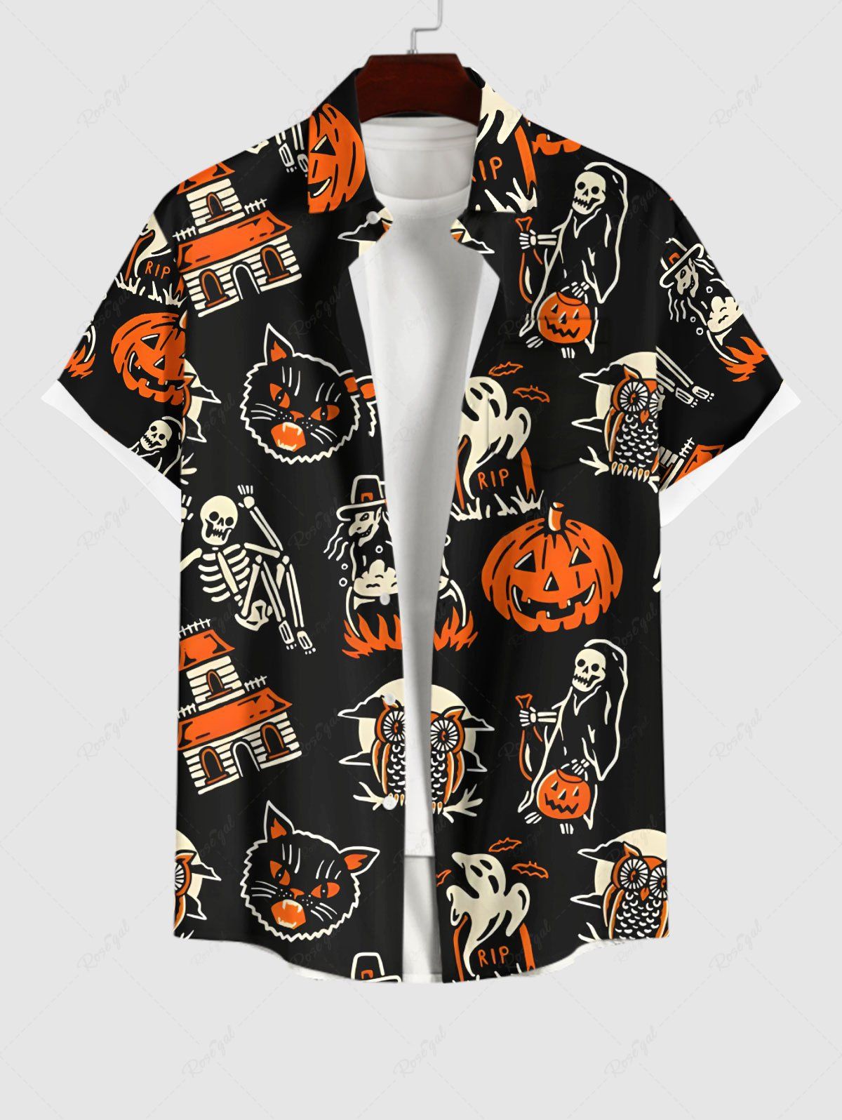Online Plus Size Halloween Pumpkin Cat Skeleton Owl Ghost Print Buttons Pocket Shirt For Men  