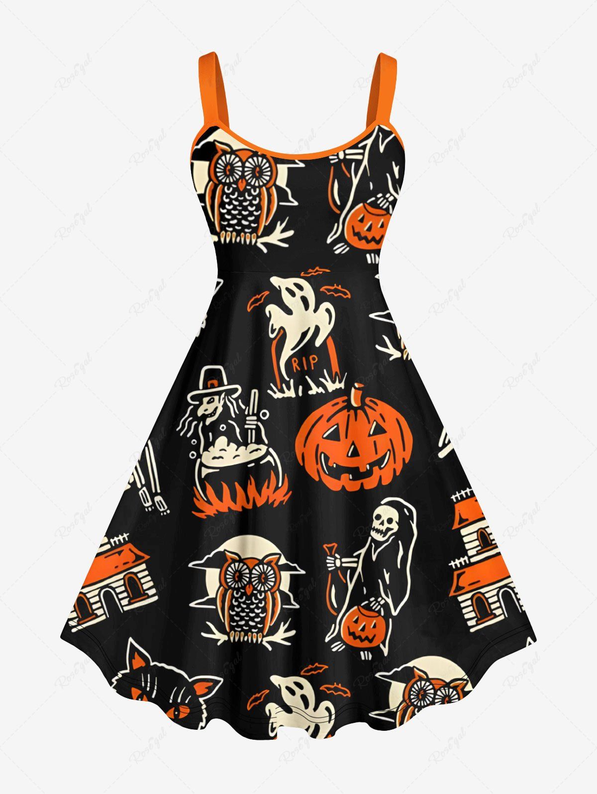 Unique Plus Size Halloween Costume Pumpkin Cat Skeleton Owl Ghost Print Tank Dress  
