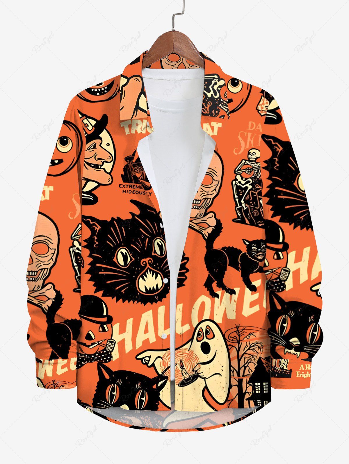 Outfit Plus Size Halloween Pumpkin Skull Cat Ghost Letters Print Buttons Long Sleeve Shirt For Men  