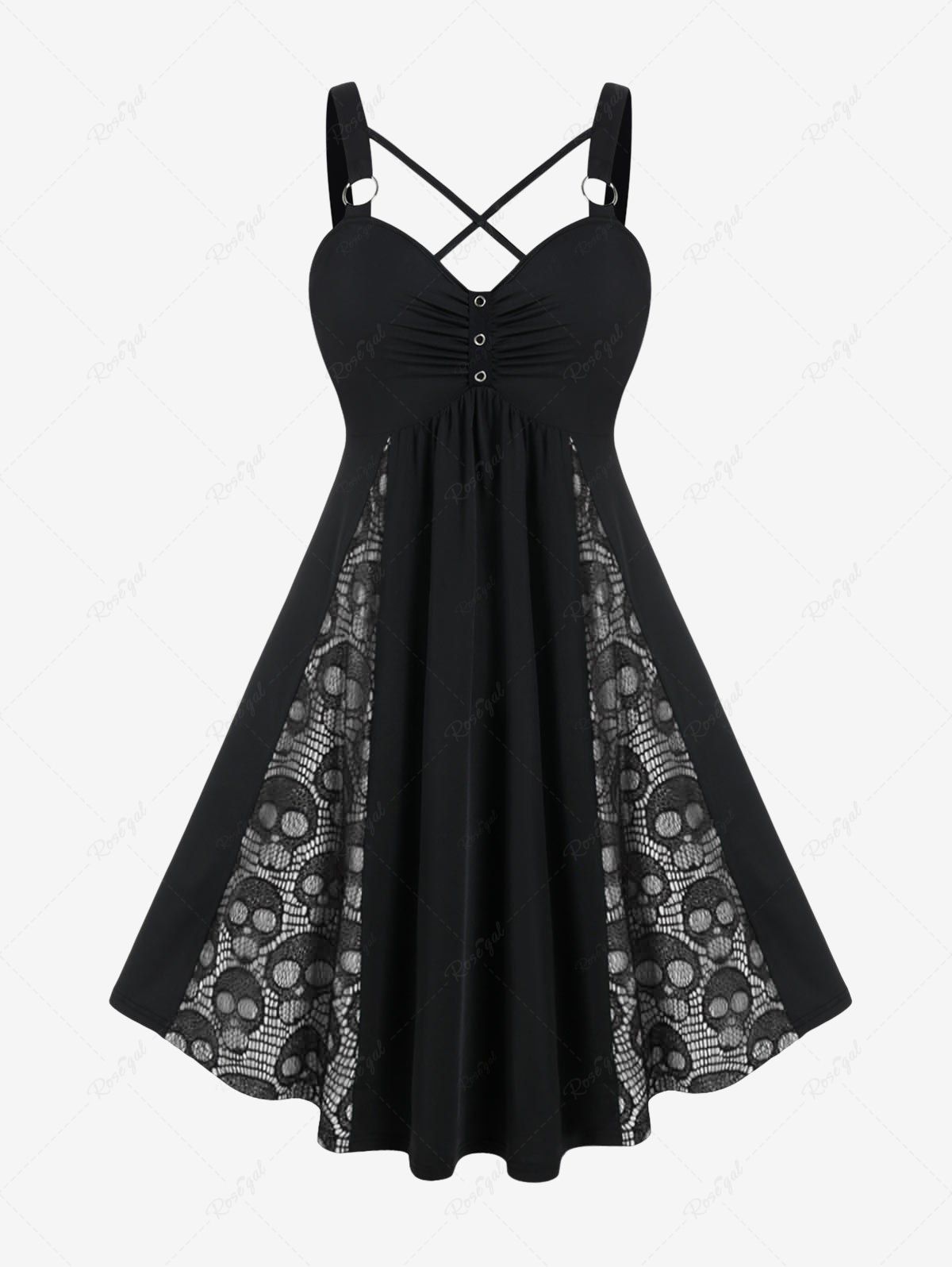 Shops Plus Size Skull Fishnet Panel Ruched Crisscross O-Ring Buckle Dress  