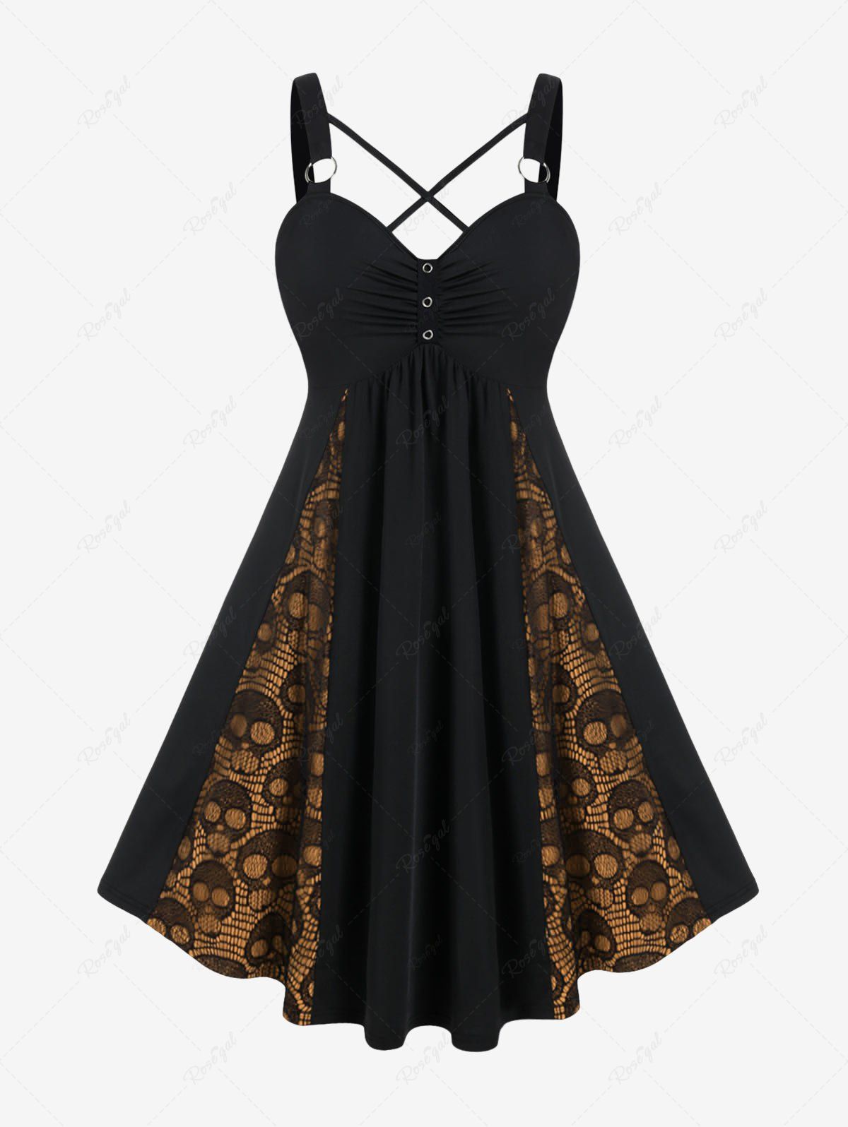 Outfits Plus Size Skull Fishnet Panel Ruched Crisscross O-Ring Buckle Dress  