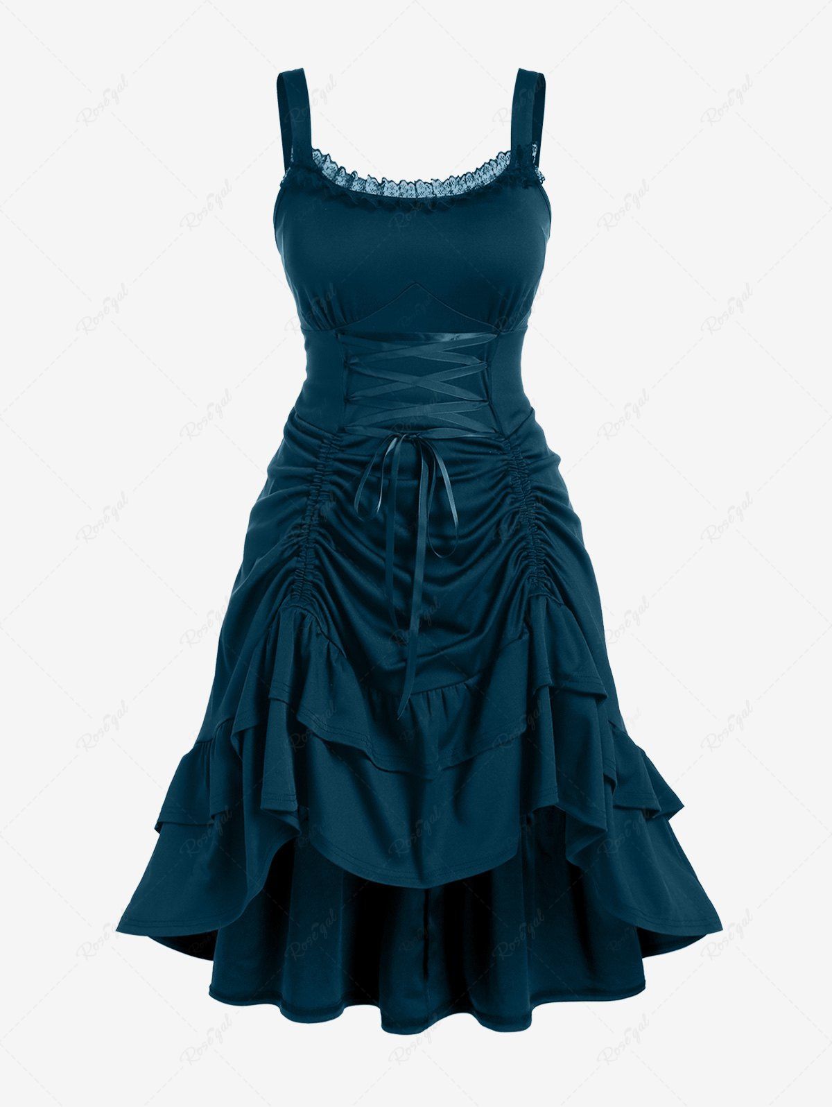 Hot Plus Size Lace-trim Lace-up Layered Ruffled Cinched Ruched Sleeveless Midi Dress  