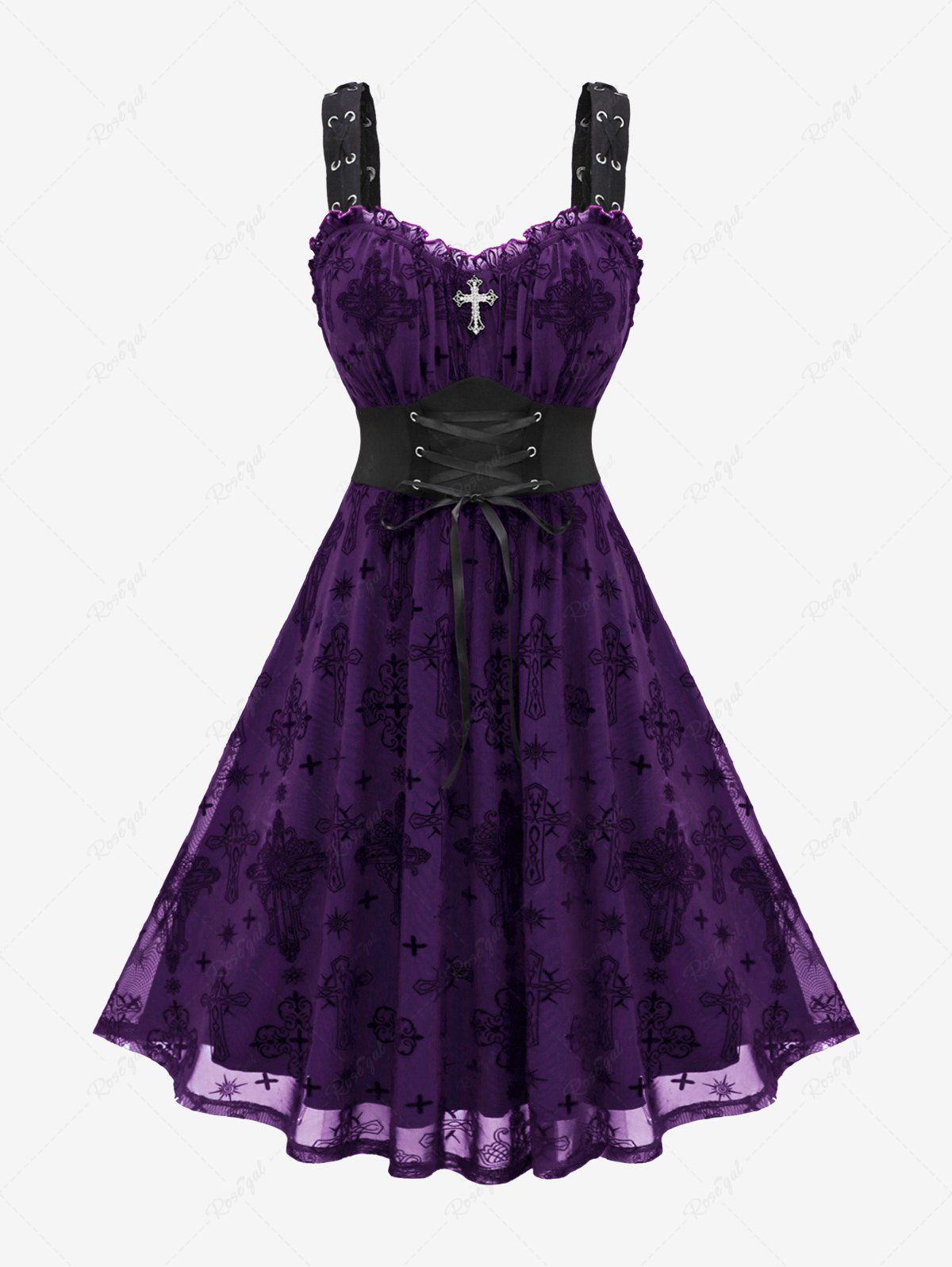 Fancy Gothic Plus Size Lace Up Ruffles Cross Tank Dress  