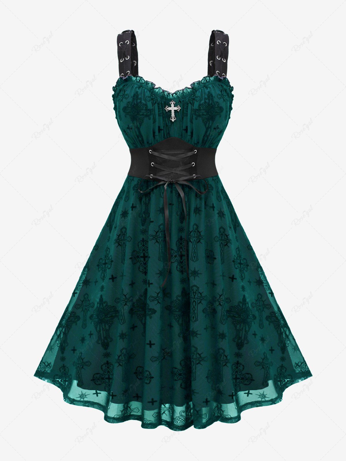 Discount Gothic Plus Size Lace Up Ruffles Cross Tank Dress  