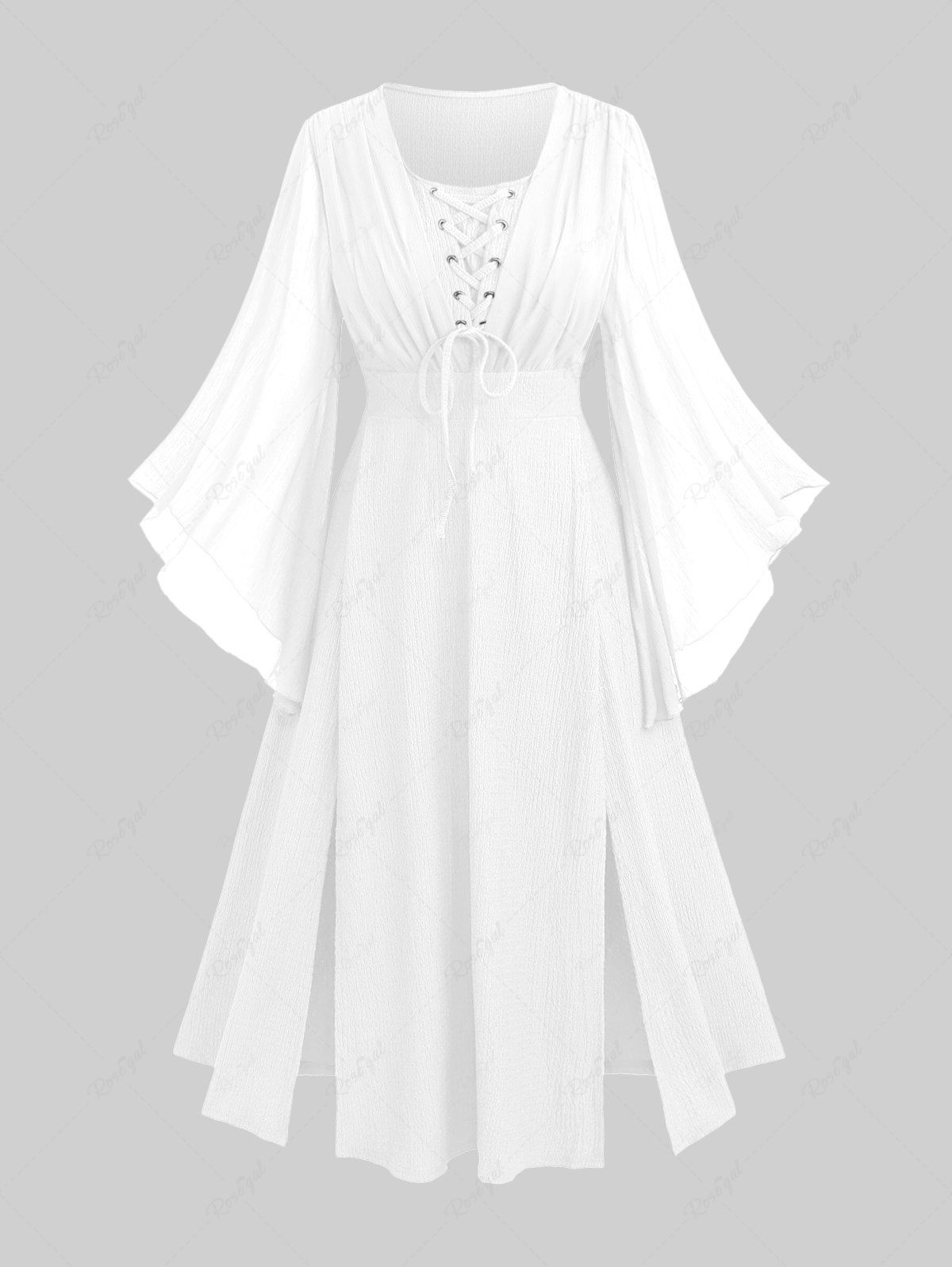 Outfits Plus Size Ruched Lace Up Mesh Bell Sleeves Textured Split Dress  
