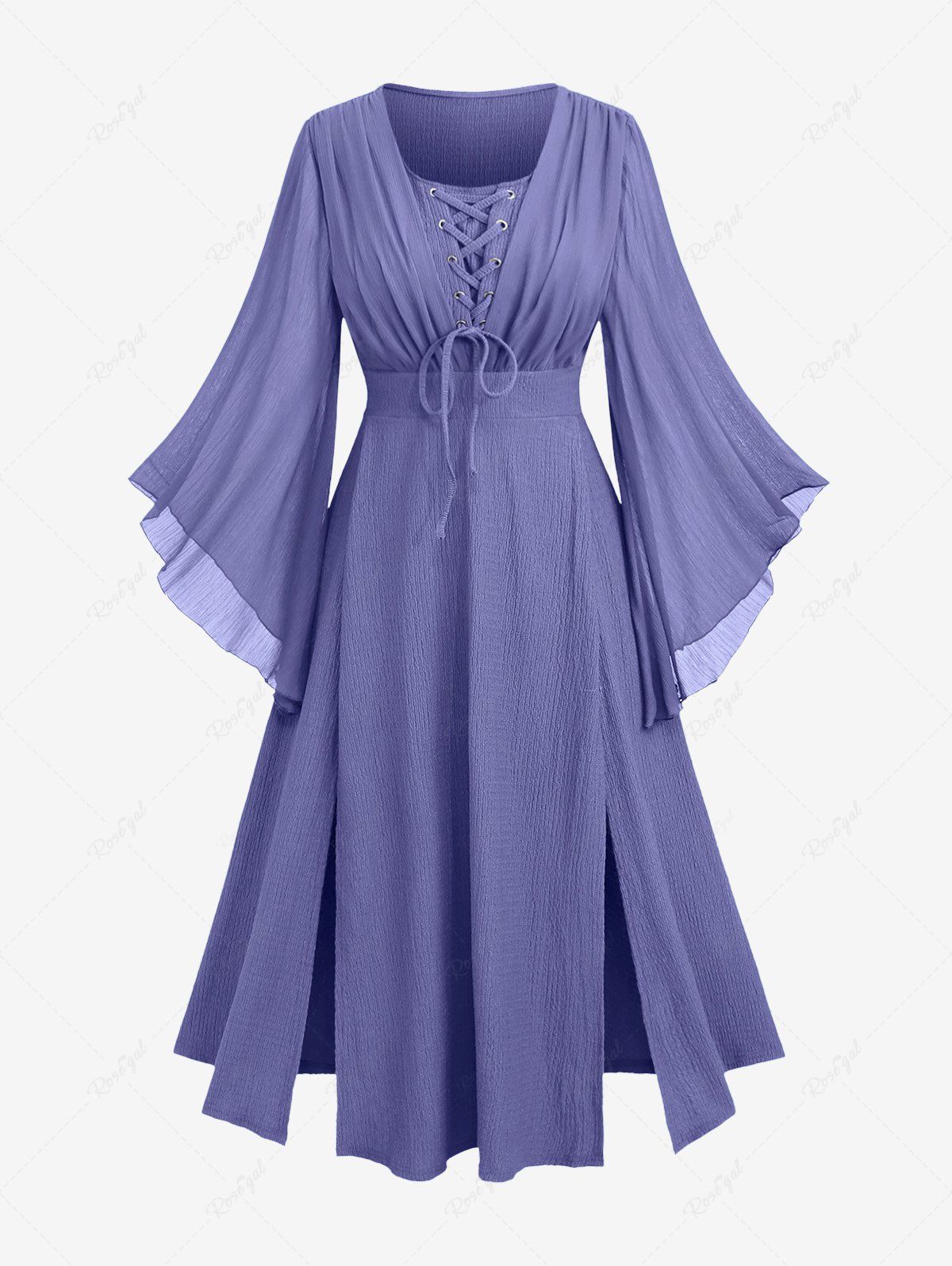 Cheap Plus Size Ruched Lace Up Mesh Bell Sleeves Textured Split Dress  